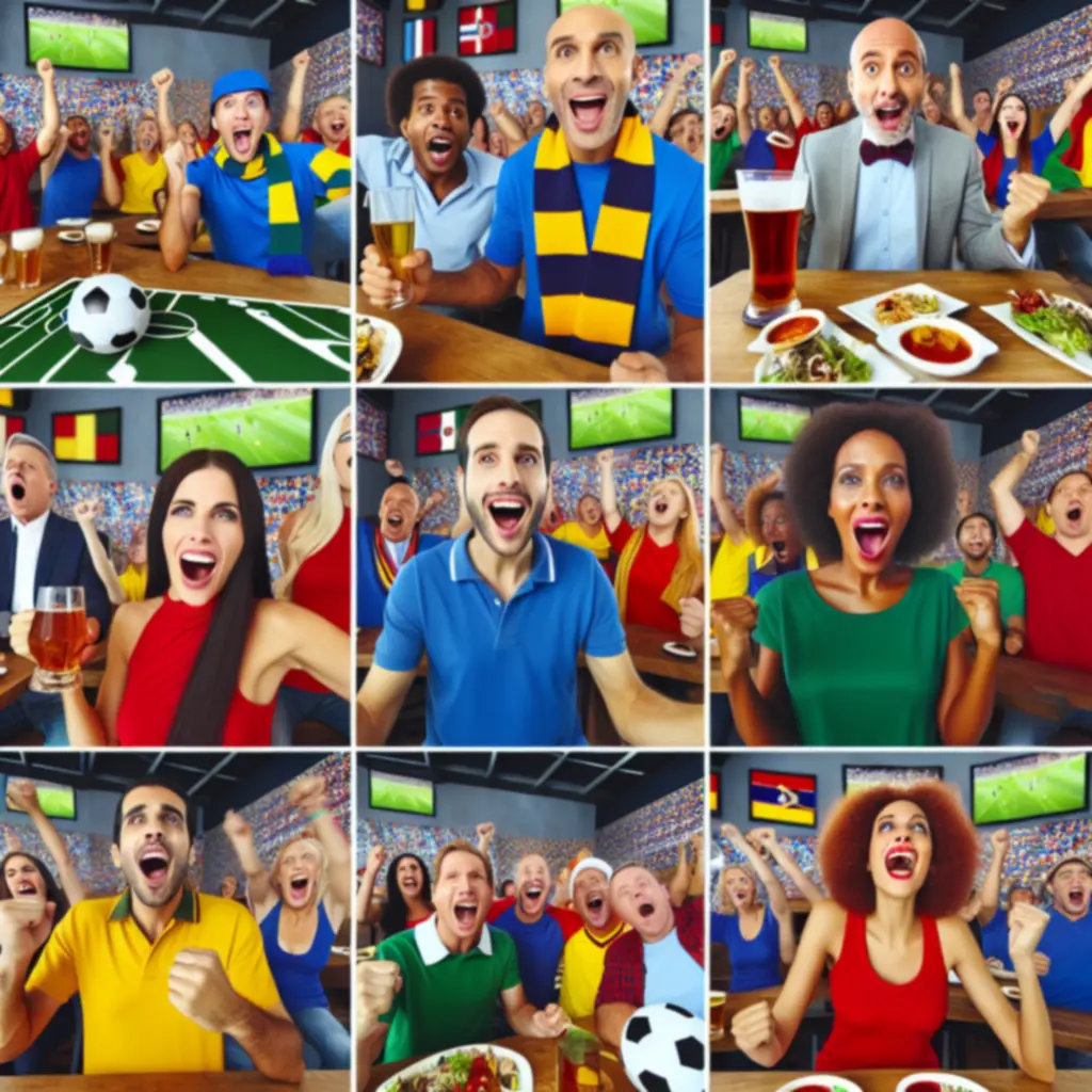 Kibice świętujący gola podczas transmisji meczu w barze