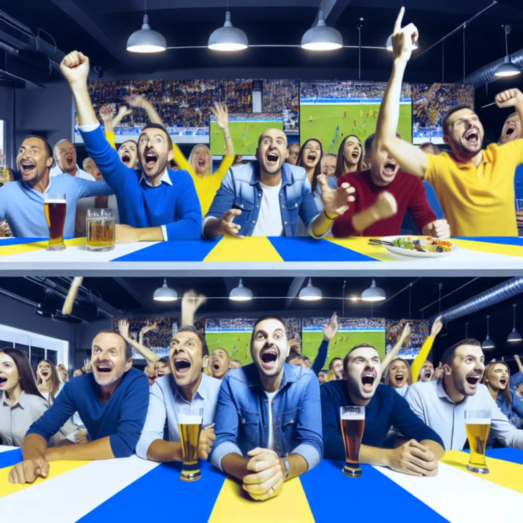 Entuzjastyczna publiczność kibicująca podczas transmisji meczu w barze
