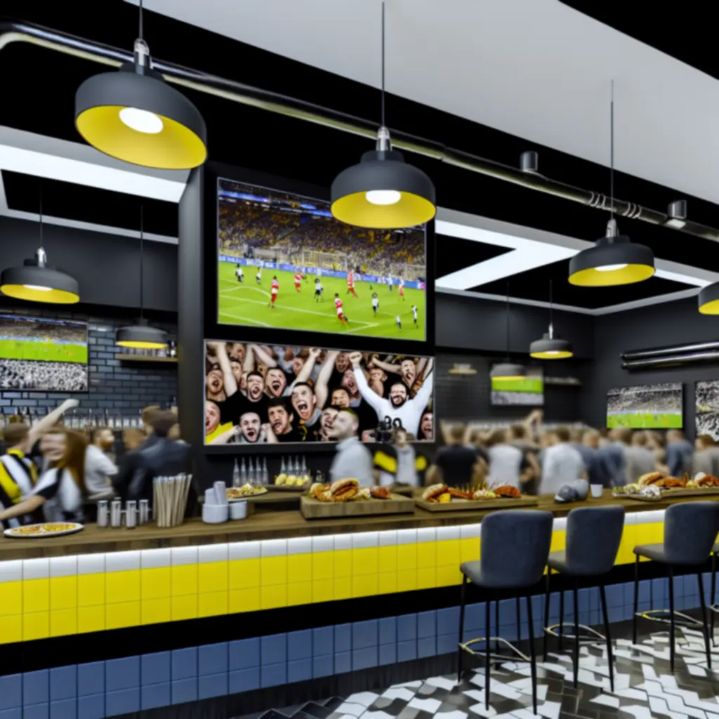 Goście kibicujący przy barze w PolskaLoungeBar z jedzeniem i napojami.