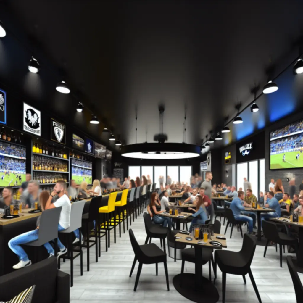 Widok na bar sportowy z ekranami i kibicami w PolskaLoungeBar