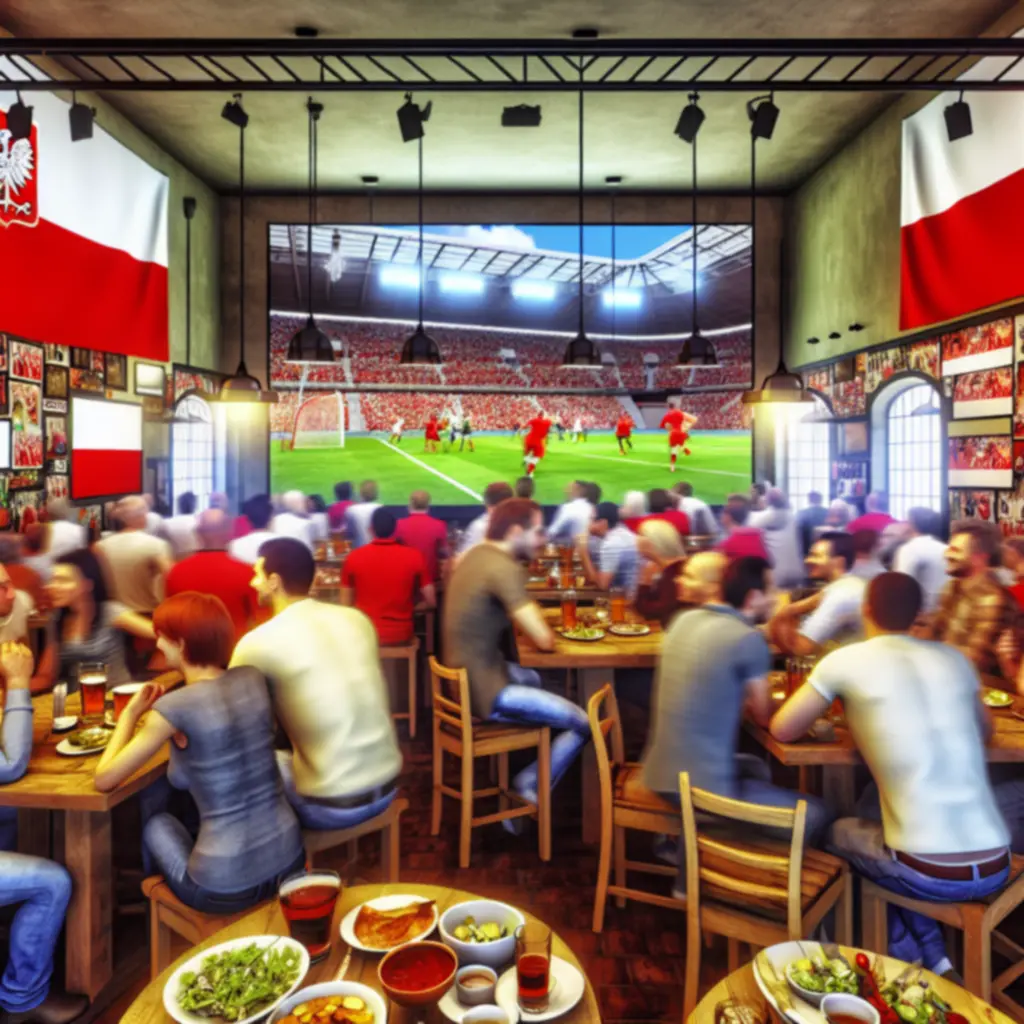 Wnętrze PolskaLoungeBar z kibicami oglądającymi mecz na dużym ekranie