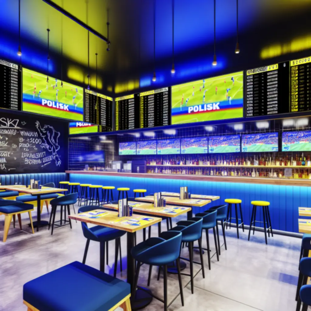 Duży ekran z transmisją meczu i widocznym harmonogramem wydarzeń w barze
