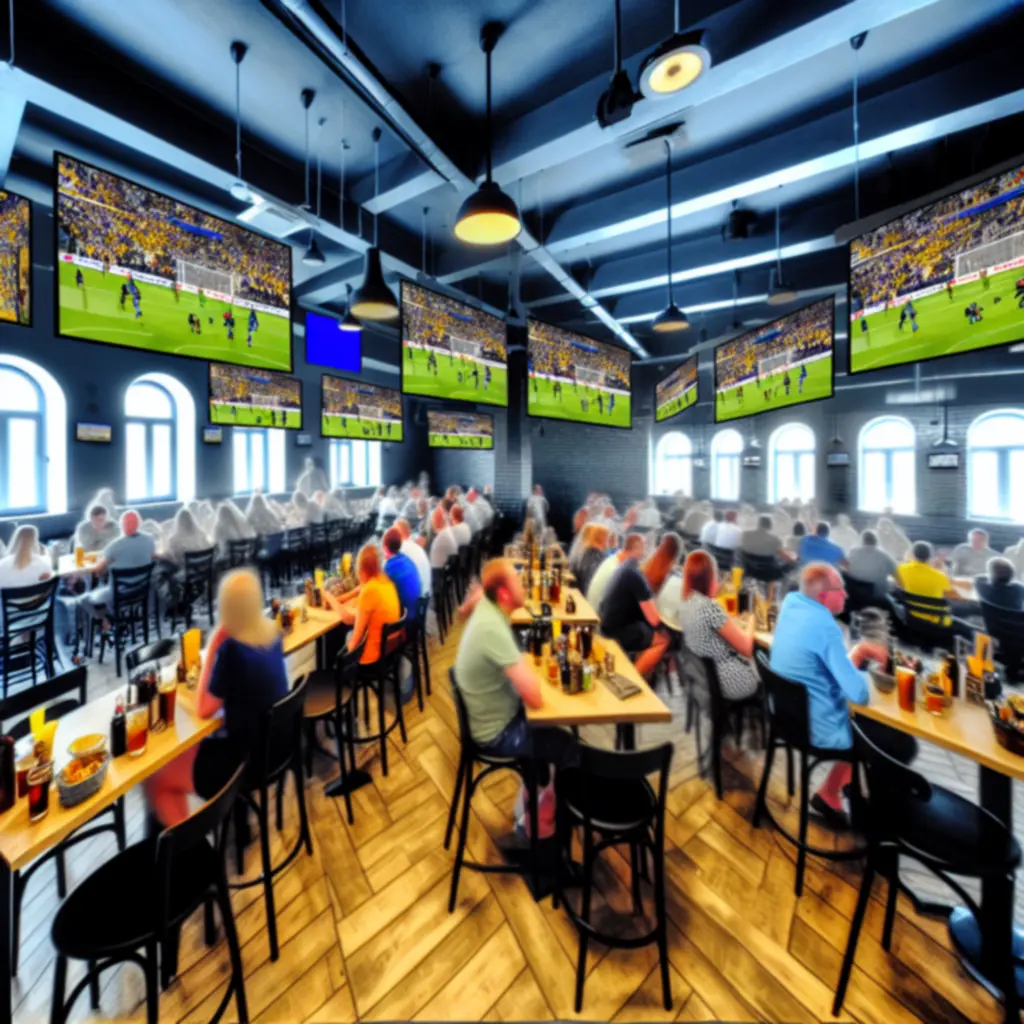 Wnętrze bar-kawiarni podczas transmisji sportowej na żywo