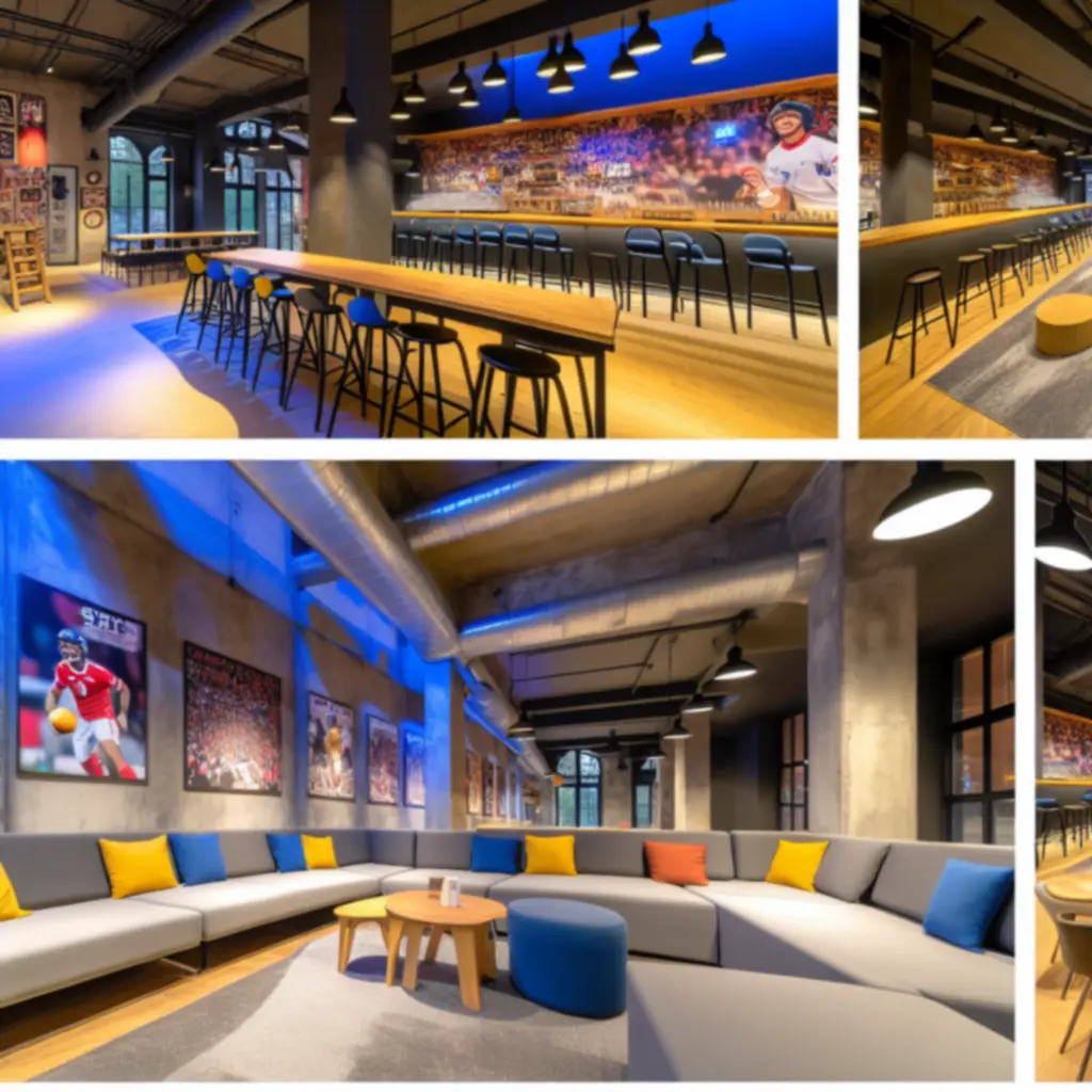 Nowoczesne wnętrze bar-kawiarni z dużymi ekranami i stolikami